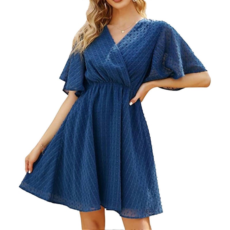 Women Summer Swiss Dot Dress V Neck Bell Sleeve Short Dress A Line Swing High Waist Dress Blue Green XXL | Fruugo SG