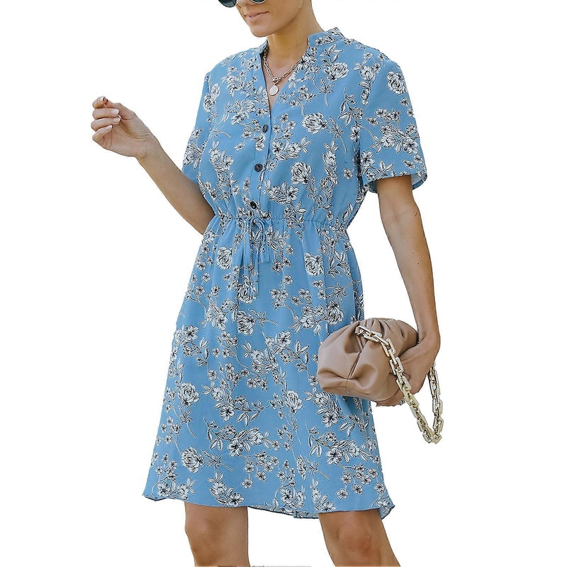 Women Summer V Neck Short Sleeve Floral Dress Casual Button Down High Waist A Line Dress with Belt Blue XL | Fruugo SG