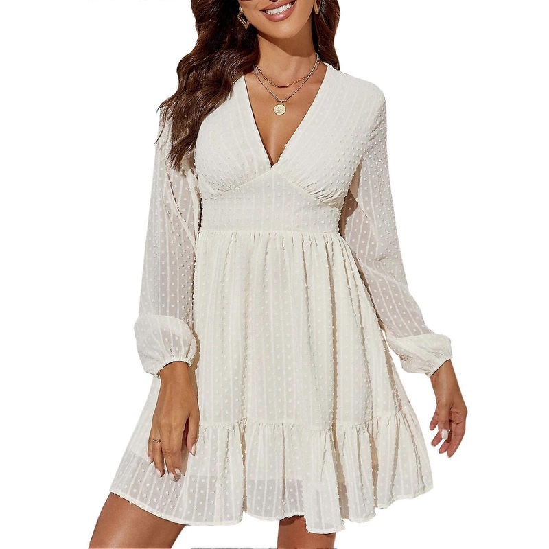 Women V Neck Dress High Waist Lantern Sleeves Spliced Ruffles Multi Layered Spring Summer Dress White S | Fruugo SG