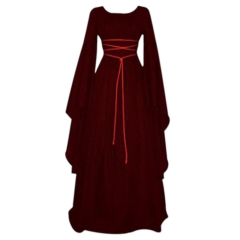 Women Vintage Style Medieval Maxi Dress Lace Up Gothic Masquerade Dress Mid Waist Crew Neck Halloween Long Sleeve | Fruugo SG
