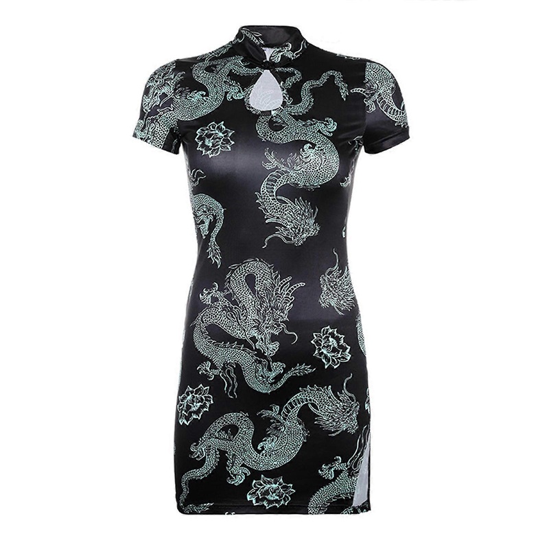 Womens Chinese Style Dragon Print Short Sleeve Mini Bodycon Dress Keyhole Button Stand Collar Split Hem Vintage Cheongsam Party Clubwear  S | Fruugo SG