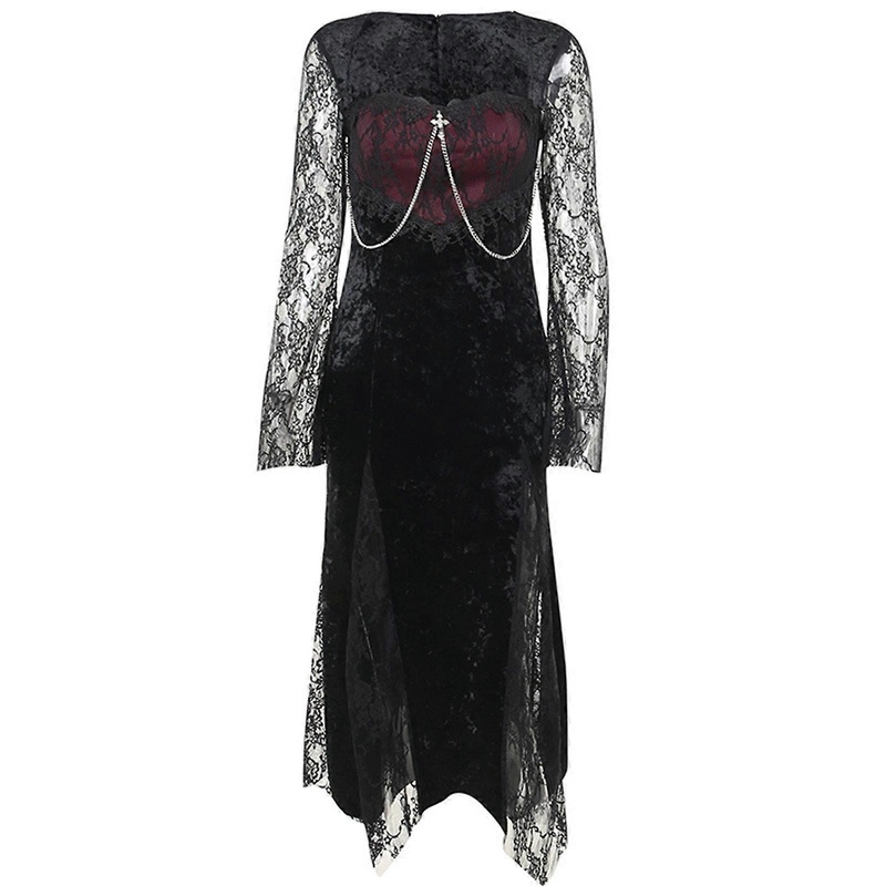 Womens Dark Gothic Flared Sleeve Square Neck Long Dress Harajuku Aesthetic Lace Patchwork Side Split Slim A-Line Dresses  S | Fruugo SG