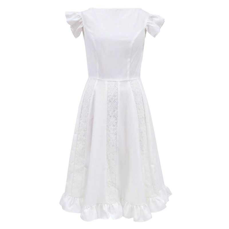 Womens O-Neck Elegant Party Midi Dress Ruffles Short Sleeve High Waist Flared Hem Lace Patchwork Pleated White Long Gown  White XL | Fruugo SG