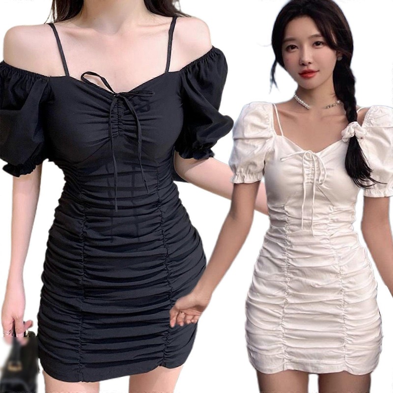 Womens Ruched Bodycon Dresses Causal Summer Short Puff Sleeve Mini Dress Slim Fit Dress  White S | Fruugo SG