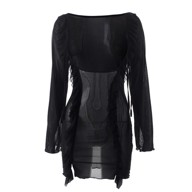 Womens Sexy Beach Swimsuit Cover Up Long Sleeve Open Bust See-Through Mesh Ruffle Patchwork Mini Bodycon Dress Swimwear  Black S | Fruugo SG