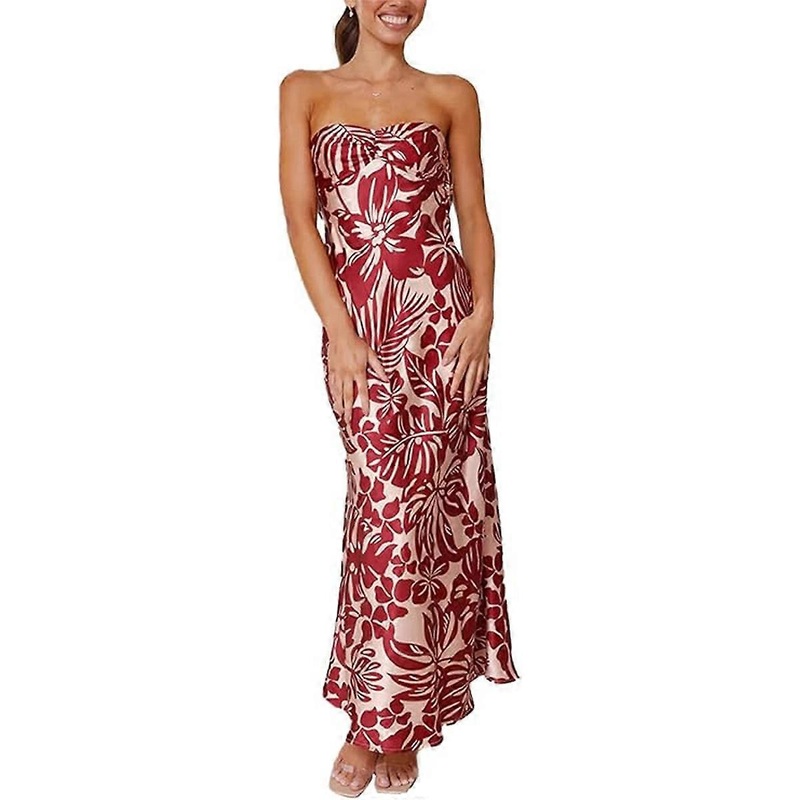 Womens Sexy Strapless Sleeveless Wrapped Chest Satin Backless Flower Print Casual Dress | Fruugo SG