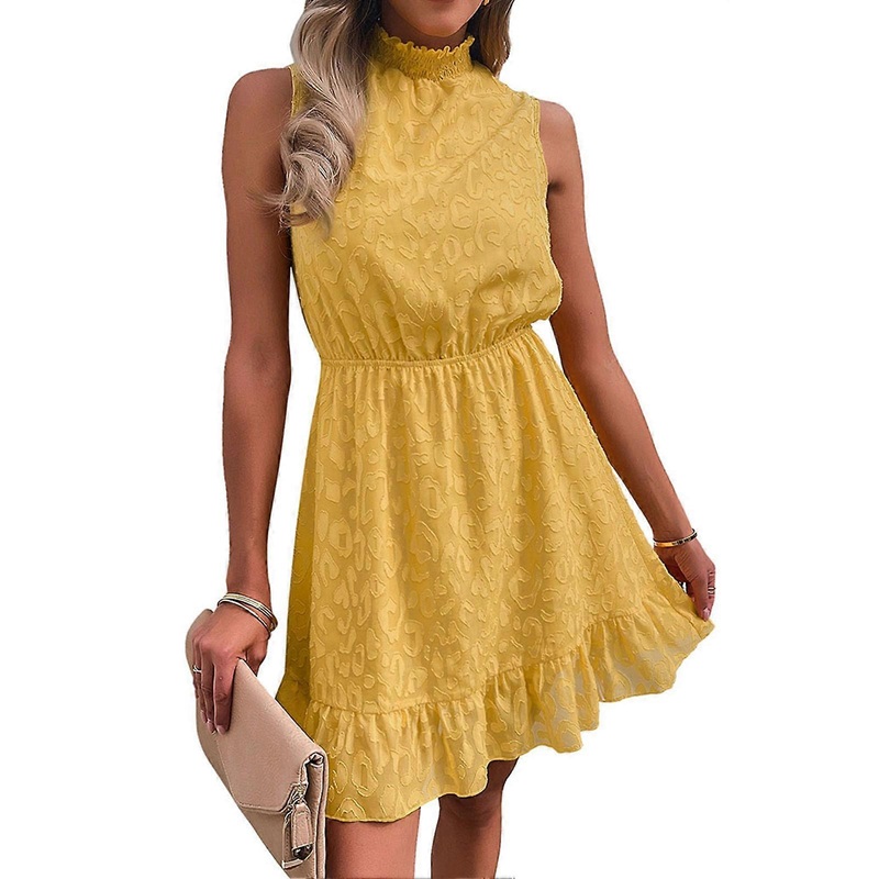 Yellow XL Woman Chiffon Short Dress Casual Ruffle Sundress Lace Stand Neck Sleeveless Dress for Summer | Fruugo SG
