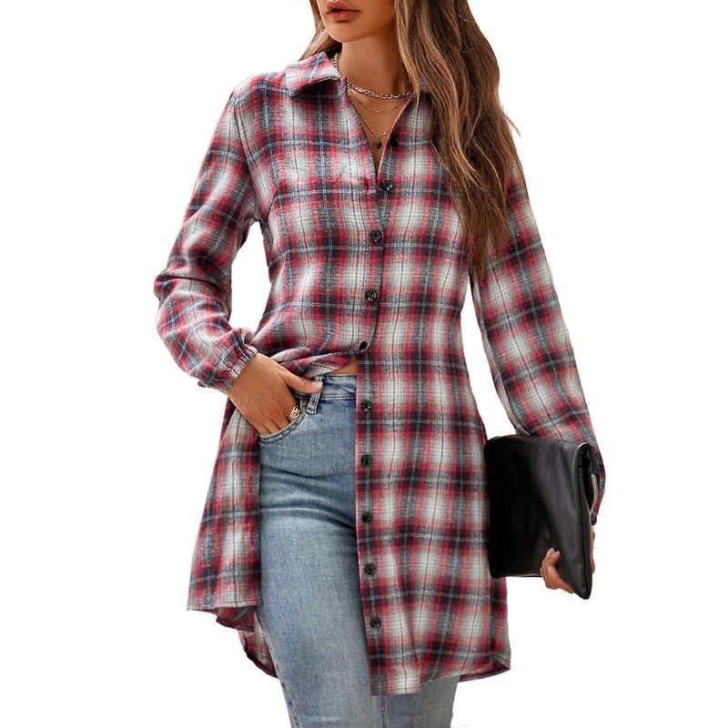 Chic Long Sleeve Checkered Shirt Dress for Women Versatile and Trendy Button Down Dresses for Fall Spring  Red XL | Fruugo SG
