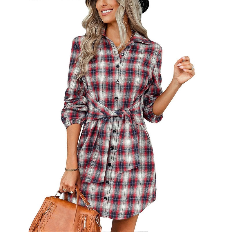 Dress Belted Tight Wasit Long Sleeve Lapel Single Breasted Fashionable Grid Dress for Women | Fruugo SG