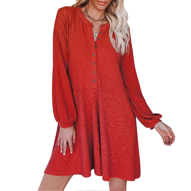 Dress Puff Long Sleeve V Neck Button Pure Color Pocket Loose Hem Casual Dress for Women | Fruugo SG