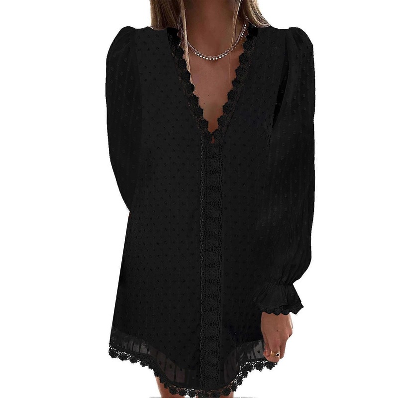 Dress V Neck Long Sleeve Dot Print Lace Pure Color Casual Fashionable Dress for Women | Fruugo SG