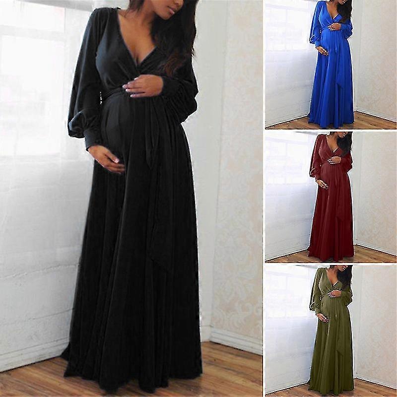 EVAGO Women Pregnant Maternity Casual Maxi Dress V-neck Long Sleeve Super Long Loose Pregnant Woman | Fruugo SG