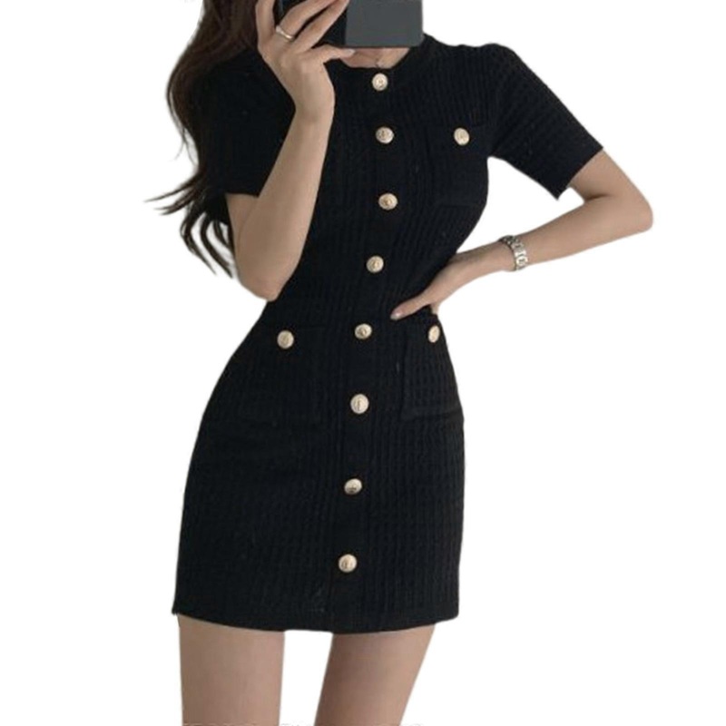 Women’s Contrast Dress Short Sleeves Dress Slim Bodycon Dress French Mini Dress Round Neck Knitted Dress Holiday Dress  Black M | Fruugo SG