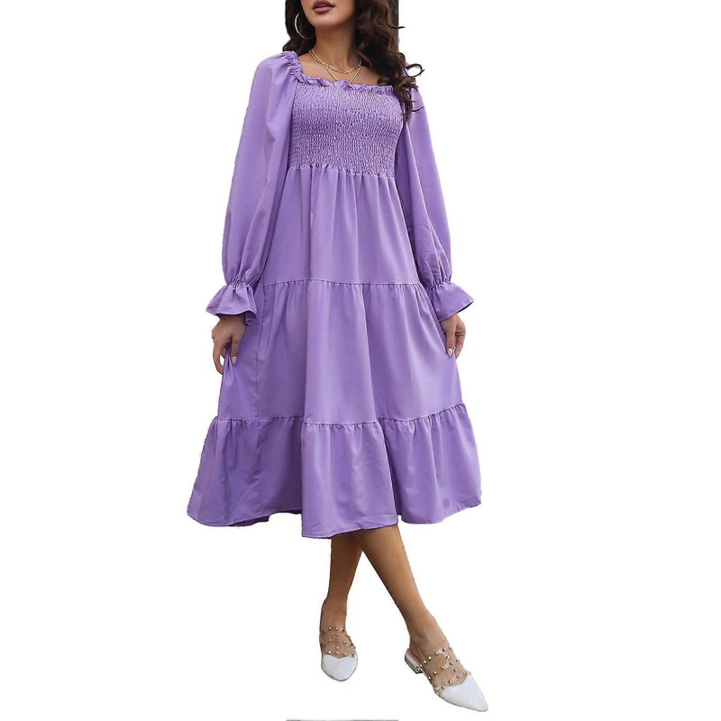 Women’s Lantern Long Sleeve Dress Off Shoulder Chest Shirred Ruffle Sleeve Solid Color Hem Dress | Fruugo SG