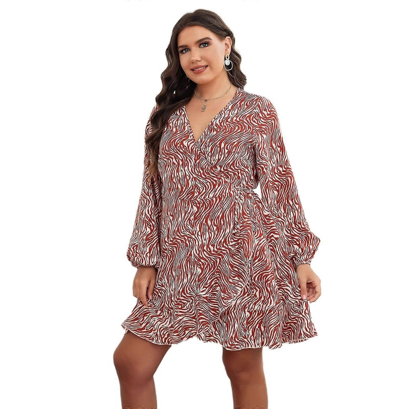 Women’s Plus Size Striped Print Wrap V Neck Long Sleeve A Line Dress Casual Print Dresses  Orange XXXL | Fruugo SG