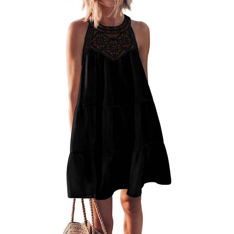 Women’s Sleeveless Halter Neck Tiered Frill Swing Dress Casual Loose Dresses Solid Color Beach Mini Dress  M Black | Fruugo SG