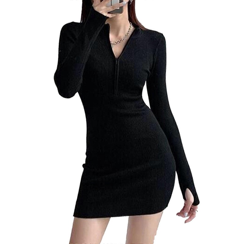Women’s Zip Up Mini Dress Long Sleeves Dress Sexy Solid Bodycon Dress Front Zipper V Neck Knitted Dress for Party Club  S | Fruugo SG