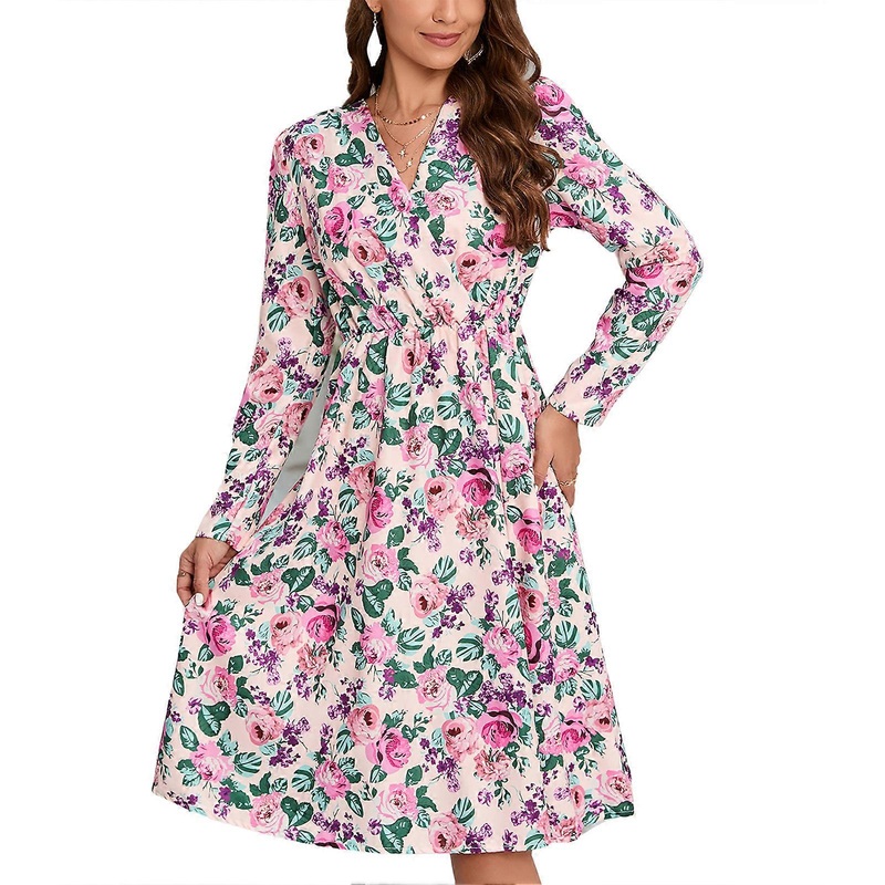 Women Wrap V Neck Dress Long Sleeve Printed Elastic High Waist Split Hem Elegant Dress | Fruugo SG