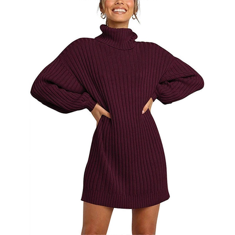 Womens Balloon Long Sleeve Turtleneck Sweater Dress Ribbed Knitted Casual Loose Solid Color Midi Sheath Jumper Dresses  Burgundy XL | Fruugo SG