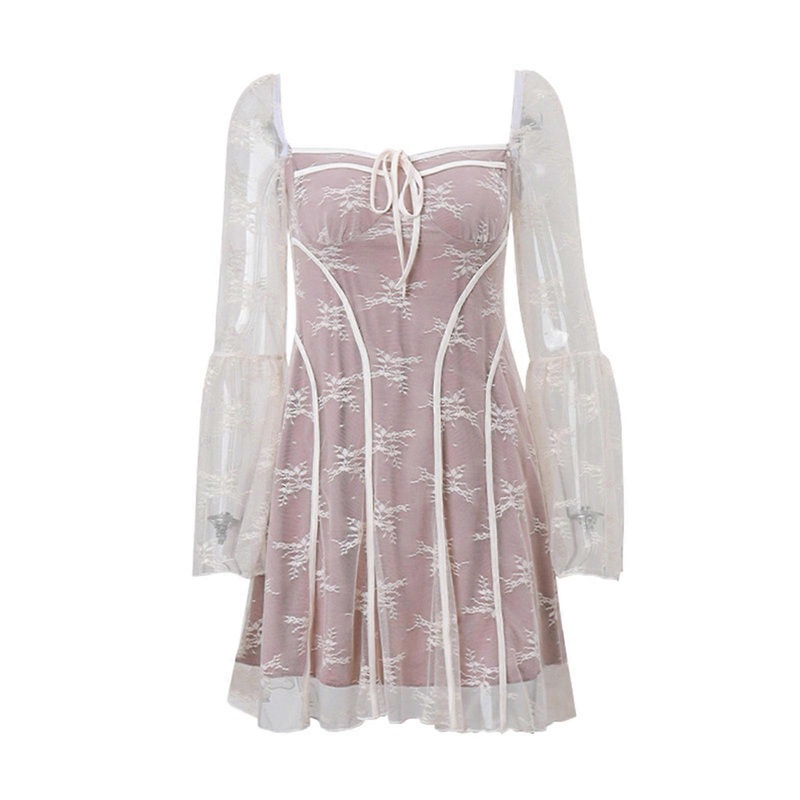 Womens Flared Long Sleeve Sexy Tie Front Square Neck Lace Mini Dress Ballet Style High Waist Ruffle A-Line Slim Dresses  White XL | Fruugo SG