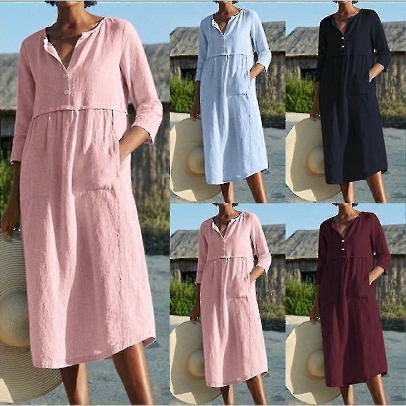 Womens Loose Cotton Linen Pocket Pullover Ladies Dress Summer Party Shift Dress | Fruugo SG