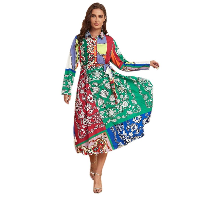 Womens Plus Size Long Sleeve Lapel Buttons Front A-Line Midi Dress Vintage Colorblock Paisley Belted Holiday Sundress  red and green XL | Fruugo SG