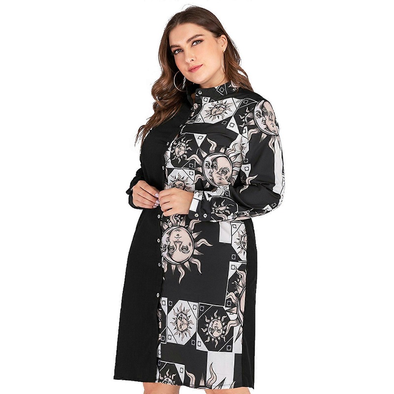 Womens Plus Size Long Sleeve Stand Collar Button Down Loose Midi Dress Colorblock for Sun Moon Print Tunic Blouse Street  Black XL | Fruugo SG