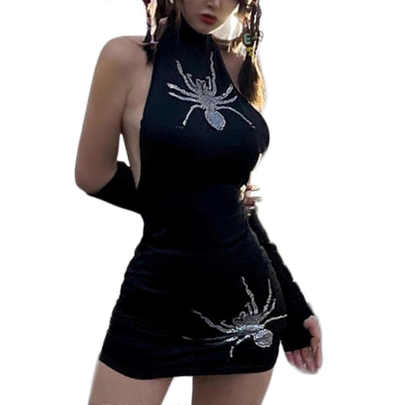 Womens Sexy Halter Collar Backless Gothic Hot Drill Spider Printed Bodycon Mini Dress Sleeveless Club Party Dresses  S | Fruugo SG