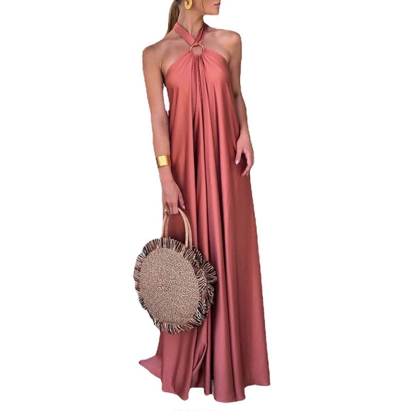 Womens Sleeveless Floor Length Flowy Satin Long Dress Solid Color Sexy Halter Tie Neck Backless Holiday Evening Gown  Orange XL | Fruugo SG