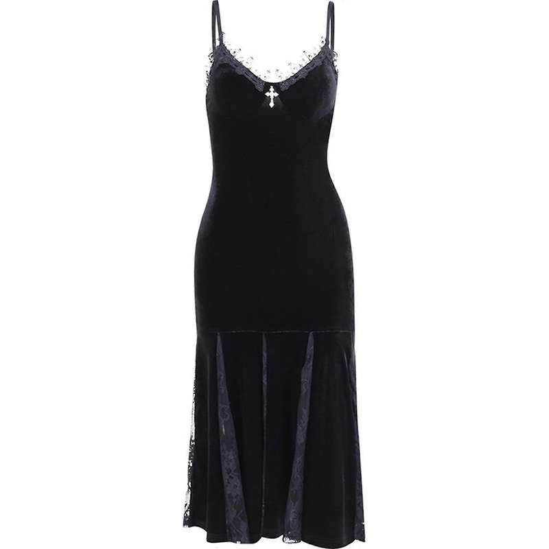 Womens Spaghetti Straps Solid Color for Cross Pendant Midi Long Fishtail Dress Package Hip Lace Splicing Flared Hem Club  S | Fruugo SG