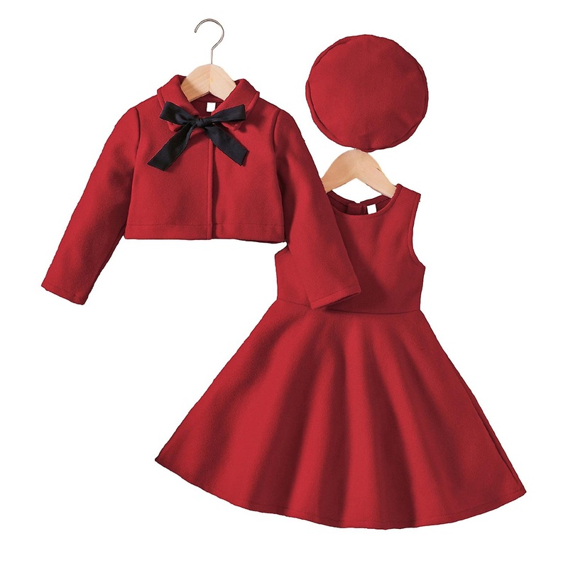 4Pcs/Set Girls Dress Jacket Beret Hat Ribbon Bowknot Turn-down Collar Short Coat Sleeveless O Neck A | Fruugo SG