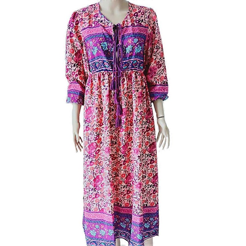 Casual Dress Bohemian Style Long Sleeve V-Neck Red Maxi Dress for Women Daily Wear 1Pcs | Fruugo SG