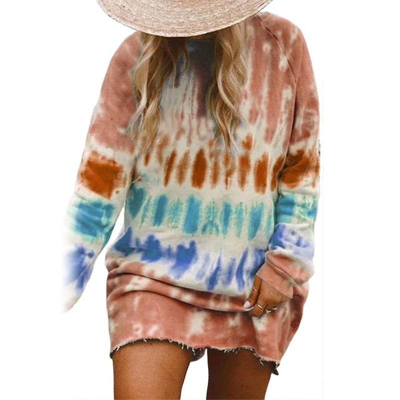 Casual Women Long Sleeve O Neck Rainbow Tie Dye Loose Mini Sweatshirt Dress | Fruugo SG