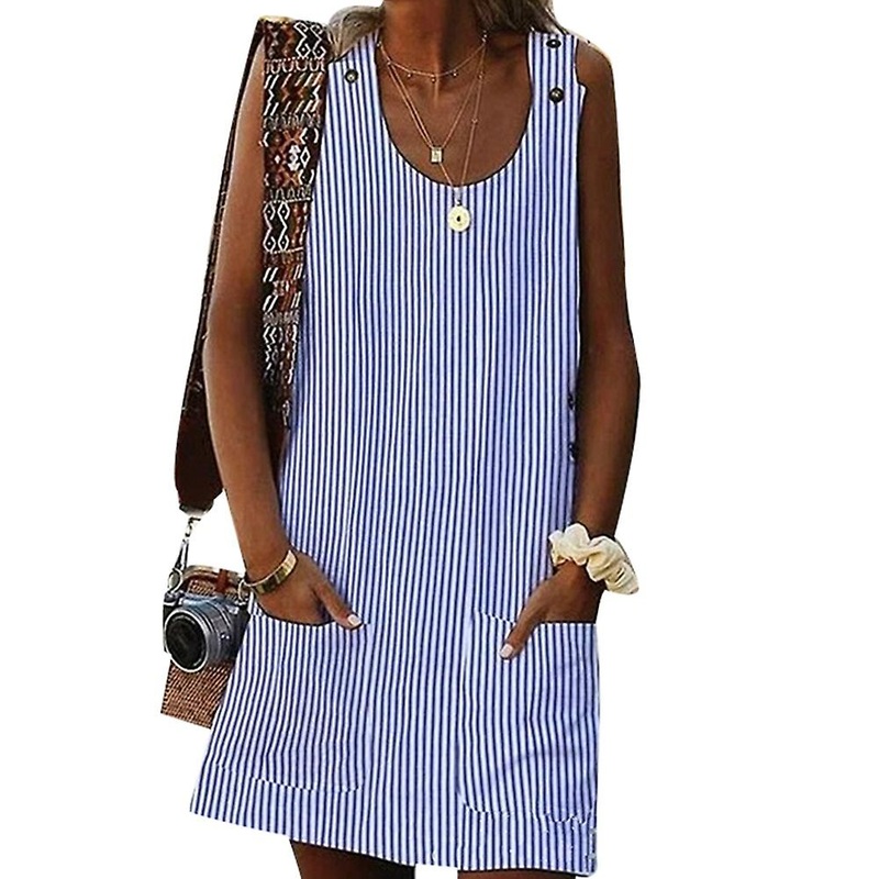 Casual Women Summer Plus Size Striped Loose Sleeveless Mini Dress with Pockets | Fruugo SG