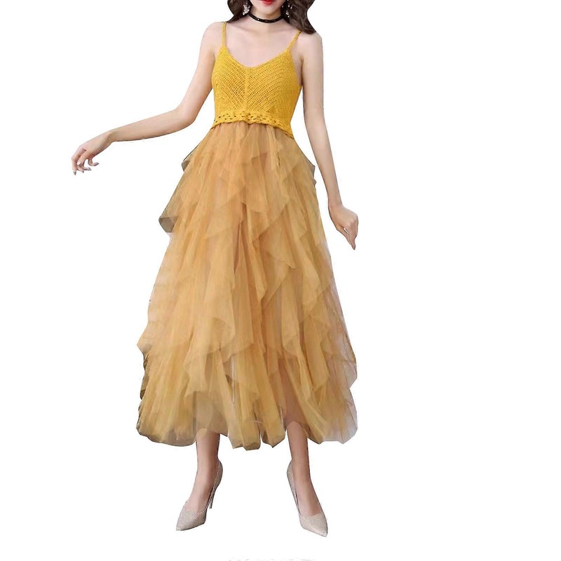 Crochet Knit Spaghetti Strap V-Neck Midi Long Dress for Women Sweet Tulle Mesh Layered Asymmetrical Hem Flowy Dresses  Yellow | Fruugo SG