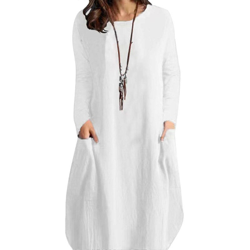 Dress Long Sleeve Pocket Pure Color Round Neck Comfortable Casual Dress for Women | Fruugo SG