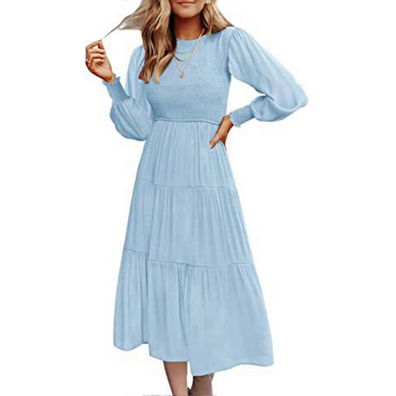 Dress Long Sleeve Round Neck Layered Pleated Casual Fashionable Swing Maxi Dress for Women | Fruugo SG