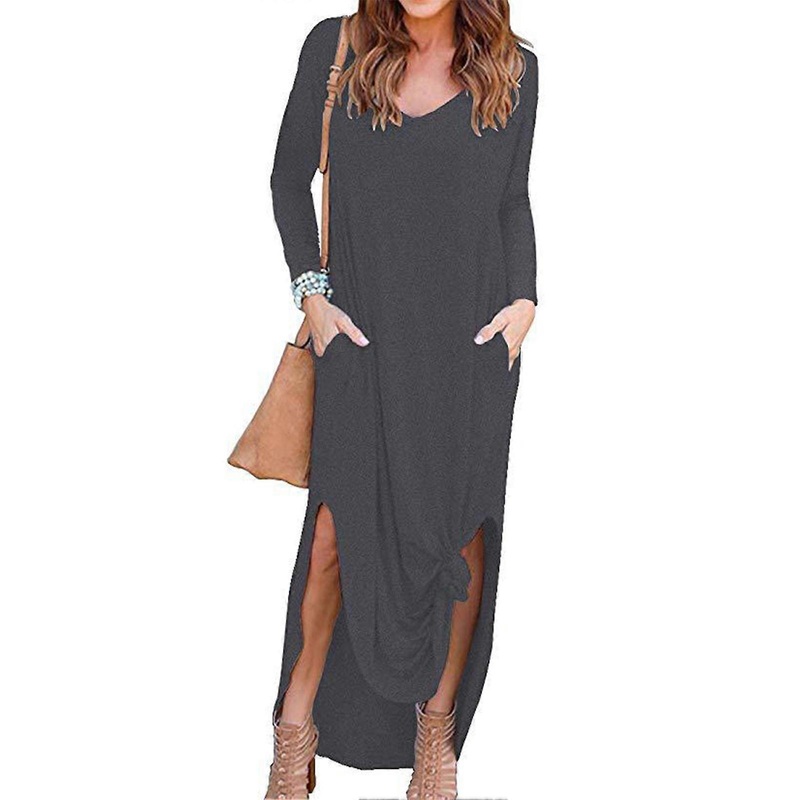 Dress Long Sleeve Side Slit V Neck Pocket Irregular Hem Pure Color Maxi Dress for Women | Fruugo SG