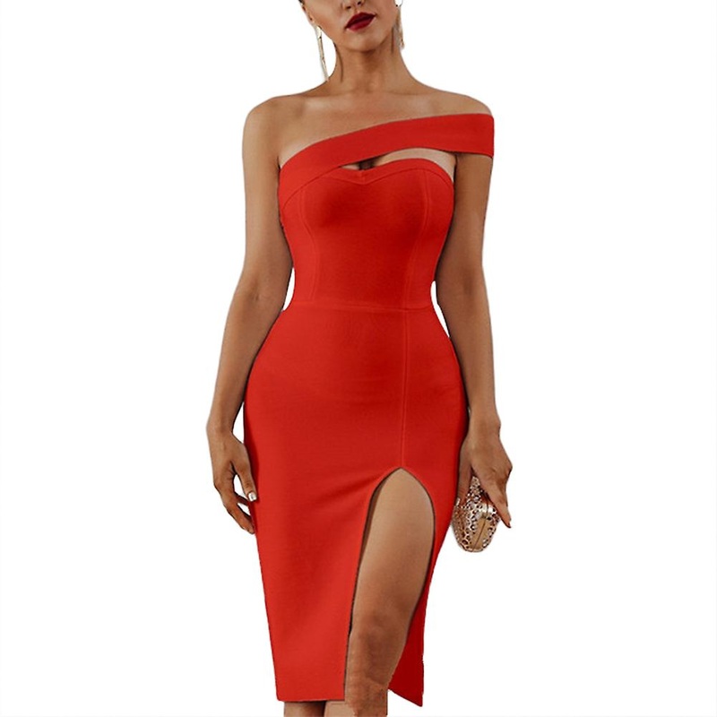 Elegant Solid Color Women Summer Off Shoulder Side Slit Bodycon Midi Party Dress | Fruugo SG
