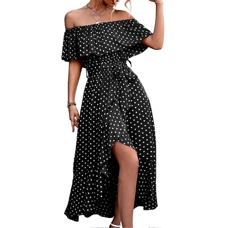 Fashion One Piece Dress Off Shoulder Dress with Irregular Ruffled Hem Dot Pattern for Women Girl Black XL | Fruugo SG