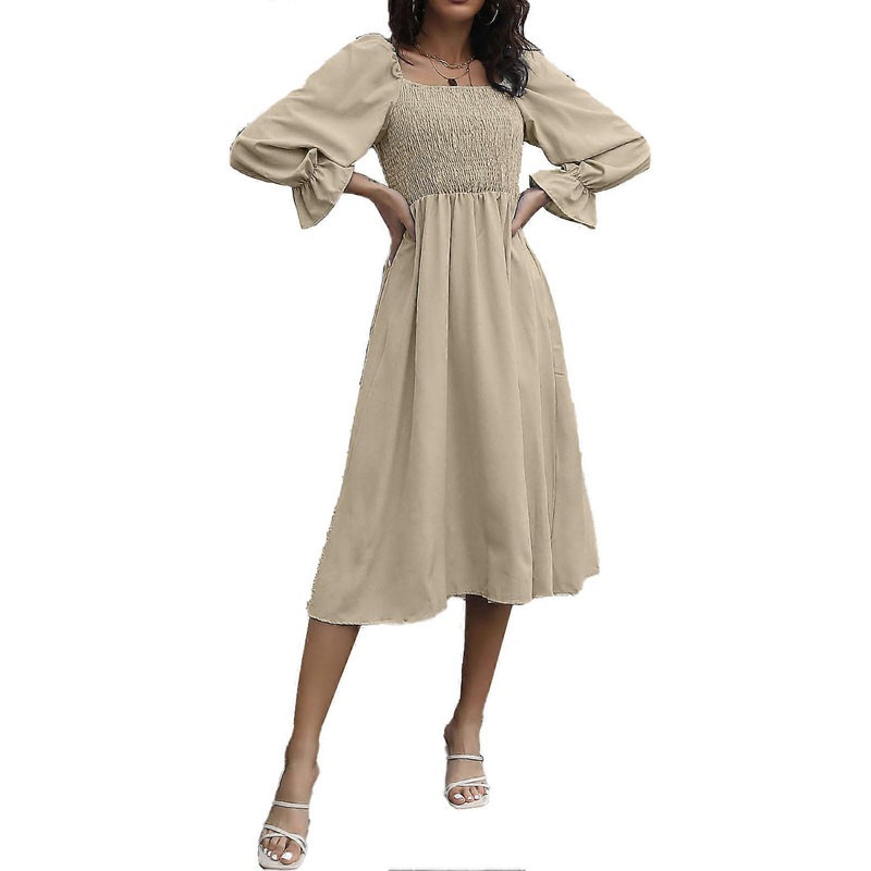 Flared Sleeve Pleated Dress Wide Collar High Waist A Line Spring Long Dress for Daily and Work | Fruugo SG