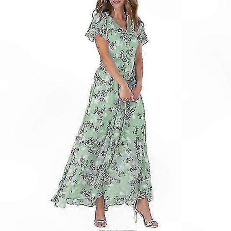 Floral Chiffon Maxi Dress with V-neck Ruffle Sleeve High Waist Flowy Hem for Women | Fruugo SG