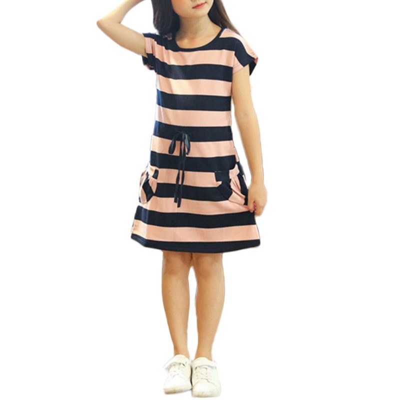 Girls Leisure Dress Horizontal Stripes A Line Short Sleeve Elastic Dress for Outdoor | Fruugo SG