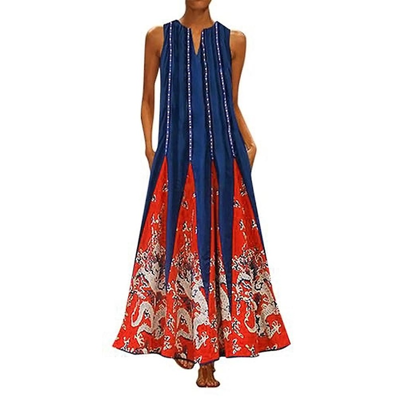 Plus Size Vintage Striped Floral Print Women V Neck Sleeveless Loose Maxi Dress | Fruugo SG