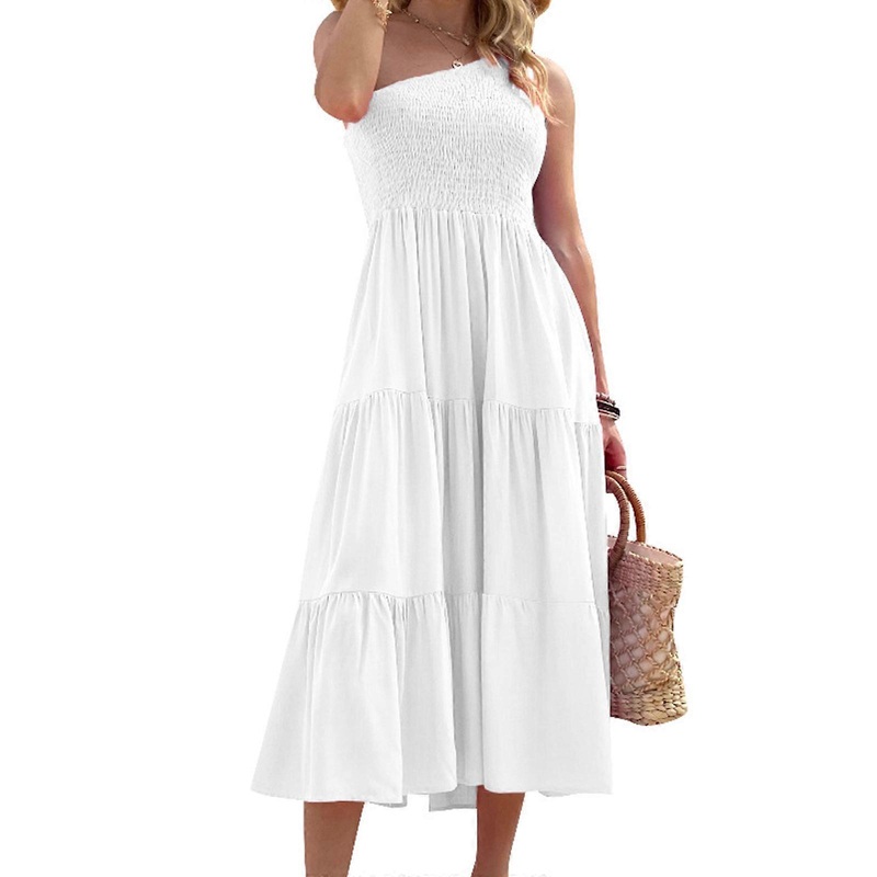 Women’s Boho Summer Long Dress One Shoulder Sleeveless Smocked Flowy Tiered Beach Party Maxi Dress Fashion Beach Dress  White XL | Fruugo SG