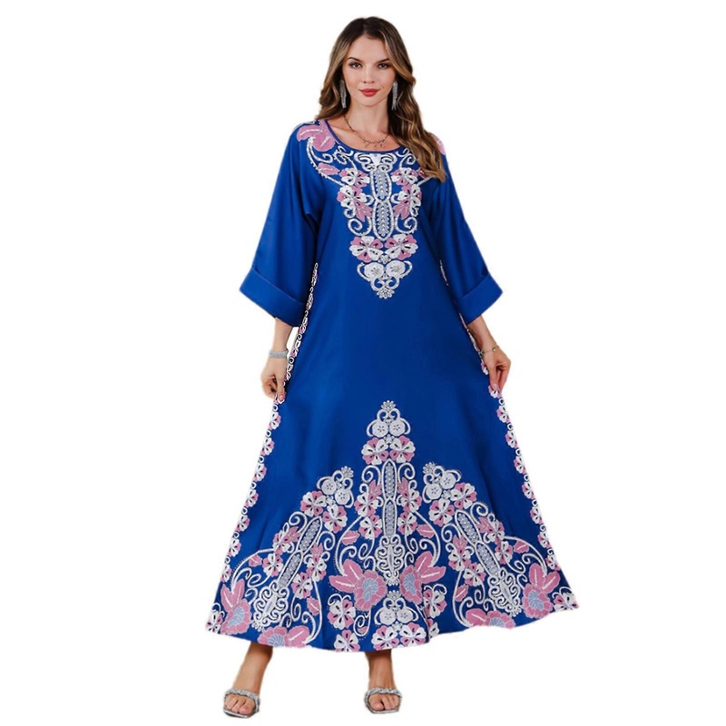 Women’s Casual Loose Long Sleeve Printed Muslims Maxi Dress Loose Abayas Kaftan Ramadans Robes Moroccan Gowns Jalabiya  Blue M | Fruugo SG