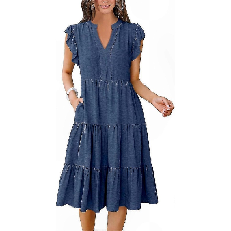 Women’s Flowy Ruffle Sleeve V-Neck Midi Dress Casual Boho Beach Vacation Sundress | Fruugo SG