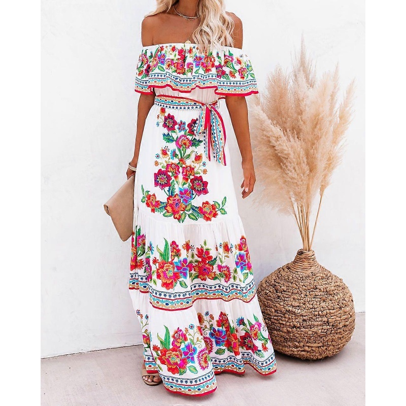 Women’s Mexican Dress Summer Floral Print Off The Shoulder Sleeveless Beach Long Maxi Dress with Belt Vestidos | Fruugo SG