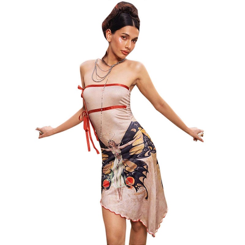 Womens Sexy Bandage Bodycon Tube Dress Vintage Printed Strapless Miid Short Dress Irregular Hem Party Dress  apricot S | Fruugo SG