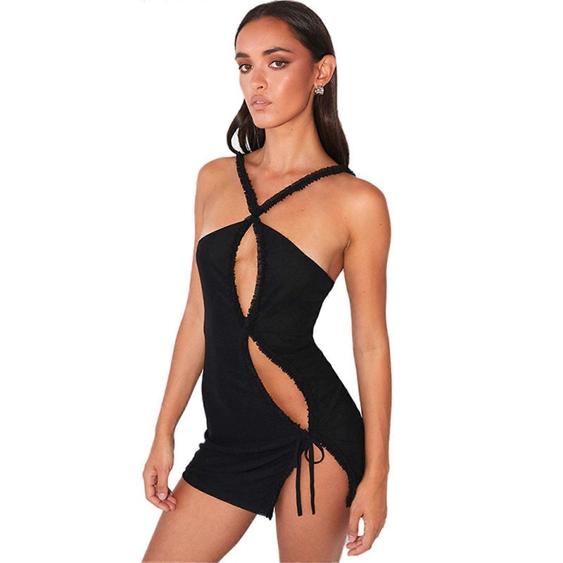 Womens Sexy Halter Backless Side Split Tie Up Mini Bodycon Dress Solid Ruffled Trim Nightclub Party Sleeveless Dress  Black S | Fruugo SG